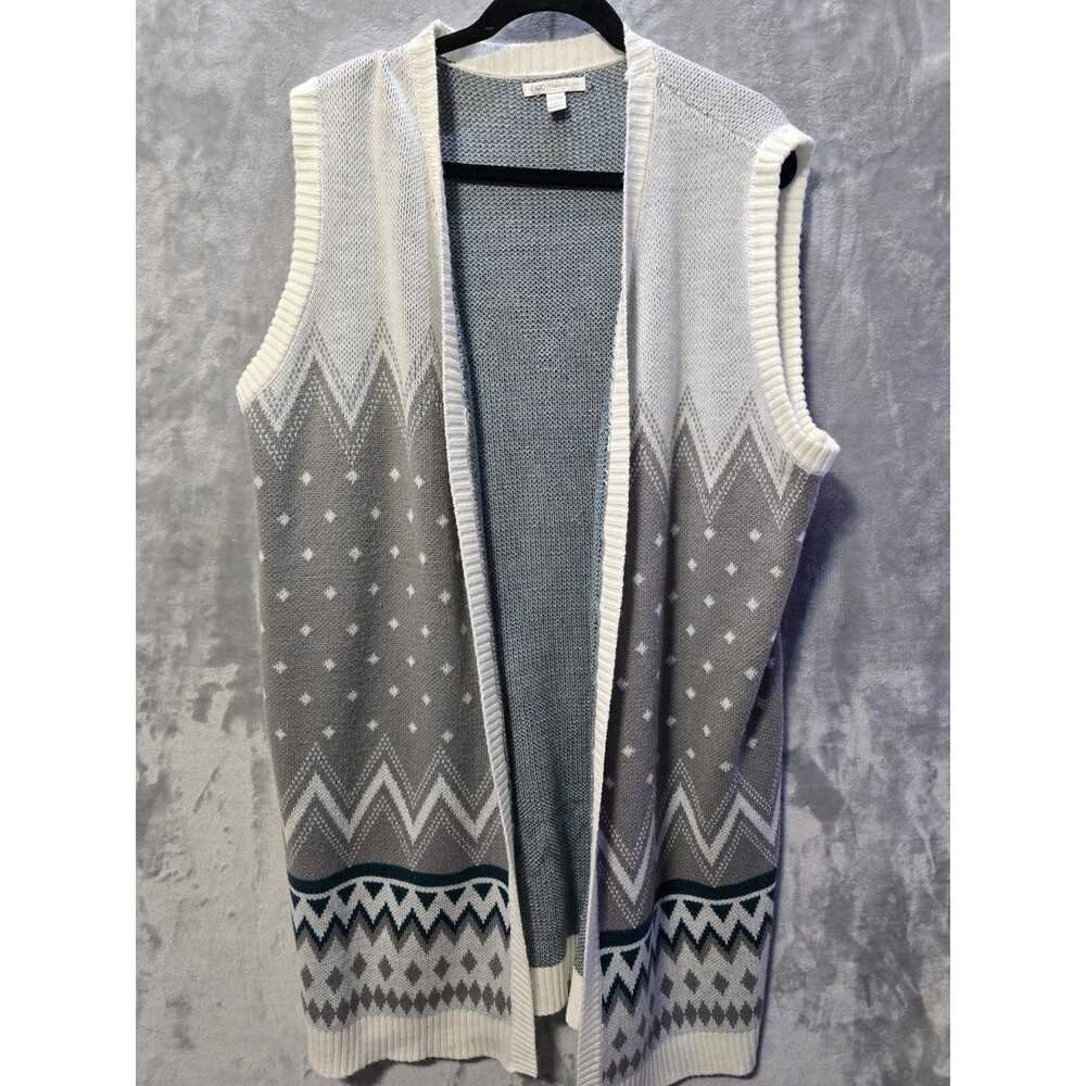 Cato Open Front Cardigan Womens 22 24W White Grey Green Chevron Knit Long Duster